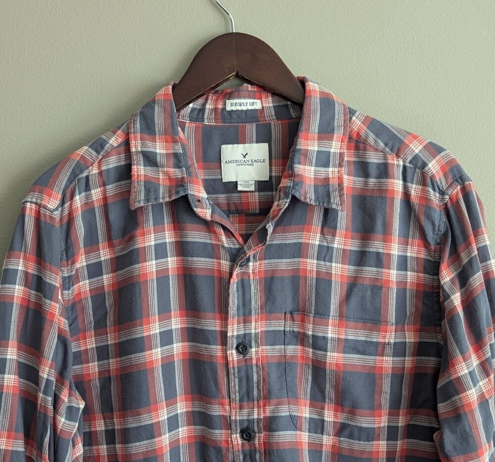 American Eagle Mens Large Red Navy Plaid Seriously Soft Long Sleeve Button Down